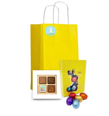 Geel Paastasje met Paas Pralines 4 stuks en Paasdoosje met Paaseitjes 275 gram