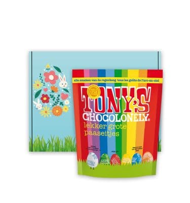 Zak met 20 grote Tony’s Chocolonely Paaseitjes brievenbus paasgeschenk