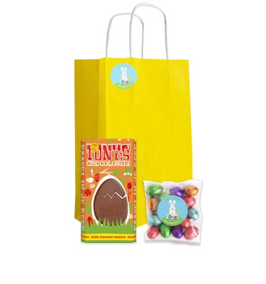 Geel Paastasje met Tonys Chocolonely Paasreep en Paaseitjes assorti 100 gram