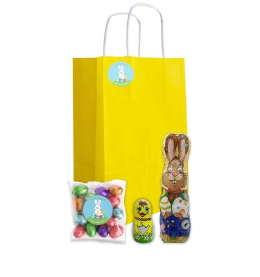 Paastasje met 1 Paashaasje 60 en 1 Paaskuikentje 15 gram met Paaseitjes 100 gram assorti