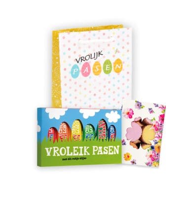 Paastasje met Tony's Chocolonely proeverijtje en doosje likkoekjes met paasprint